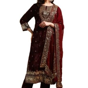 Maroon Embroidered Velvet Kurta with Pant & With Dupatta